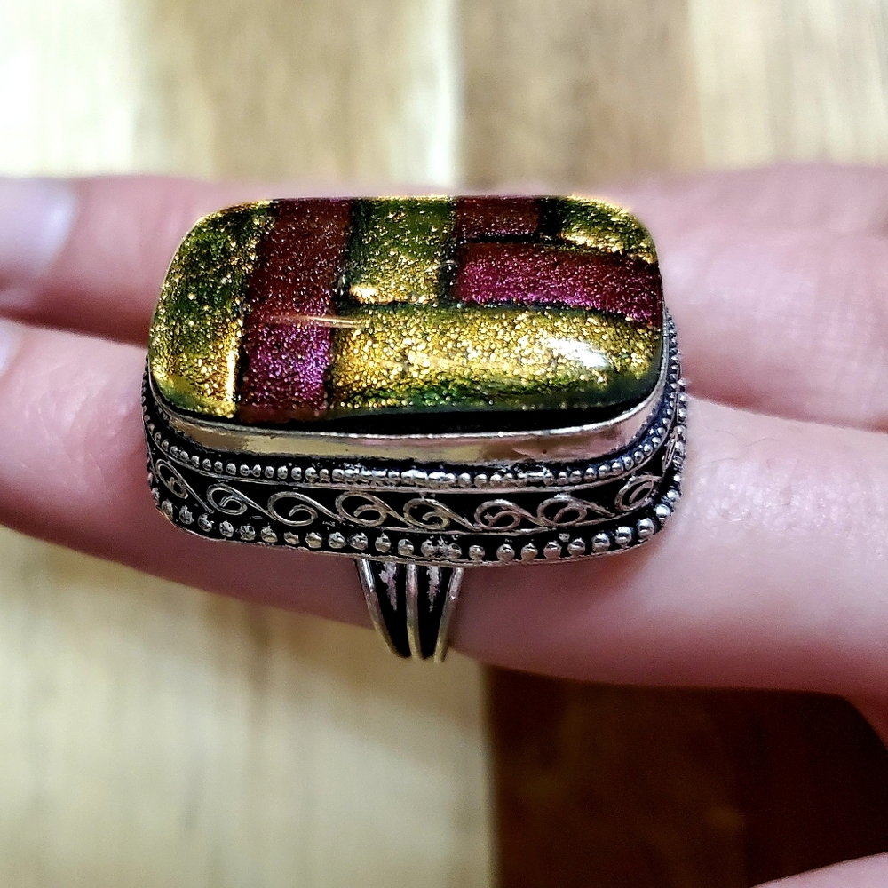 New Huge Dichroic Glass 925 Silver Ring.